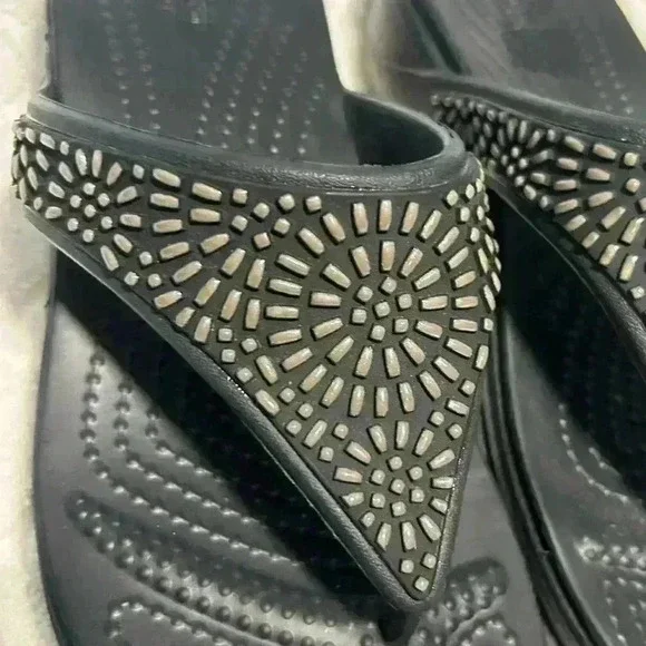 Crocs Monterey Diamante Womens Size 5 Black Flip Flop Wedge Sandals Like New - Picture 4 of 8